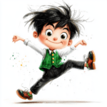 An animated boy stepping lively in a bright blue shirt and yellow shorts against a cheerful background