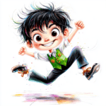 A whimsical scene of a boy dancing joyfully in a sunny outdoor setting filled with flowers