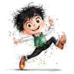 A playful boy with curly hair twirling in a colorful outfit surrounded by musical notes