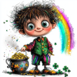A happy leprechaun juggling colorful shamrocks and gold coins with a bright blue sky in the background