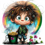 A playful leprechaun riding a bicycle decorated with flowers and shamrocks through a sunny meadow