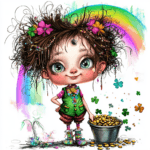 A cheerful leprechaun dancing joyfully with a bouquet of shamrocks in a vibrant green landscape