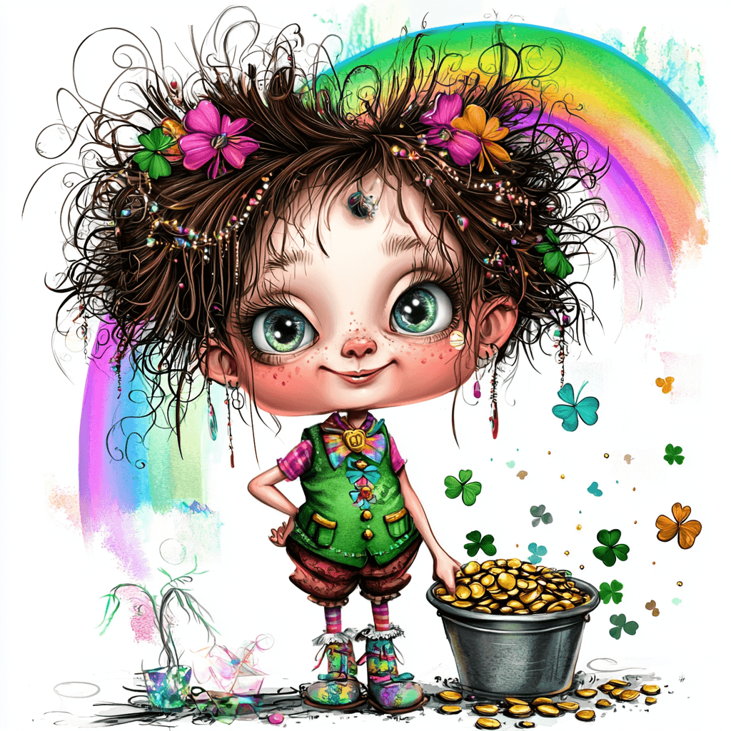 A cheerful leprechaun dancing joyfully with a bouquet of shamrocks in a vibrant green landscape