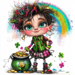 A charming leprechaun sitting on a tree stump surrounded by sparkling gold coins and lush greenery