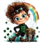A cute leprechaun blowing glittery dust while standing next to a rainbow arch