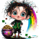 An adorable leprechaun peeking from behind a giant shamrock with a playful grin