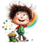 A fantasy-themed design showcasing a leprechaun flying on a rainbow-colored kite in a blue sky
