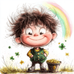 A delightful leprechaun enjoying a picnic on a patch of green grass with bright flowers blooming nearby
