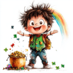 A charming illustration of a cute leprechaun holding a golden coin surrounded by sparkling stars