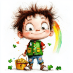 A whimsical leprechaun character joyfully dancing beneath a vibrant rainbow with a pot of gold at the end