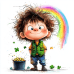 An enchanting scene of a leprechaun discovering a treasure chest overflowing with gold coins and jewels