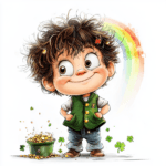 A playful leprechaun painting a rainbow with bright colors while surrounded by cheerful woodland creatures