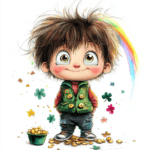 A cute character sitting on a fluffy cloud with a backdrop of colorful rainbows and twinkling stars