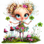 A playful sprite sitting on a tree branch with a joyful expression and a rainbow backdrop