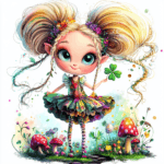 A whimsical forest sprite with colorful wings dancing among vibrant wildflowers and mushrooms