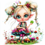 A cheerful fairy lounging on a large leaf surrounded by sparkling fairy dust and butterflies