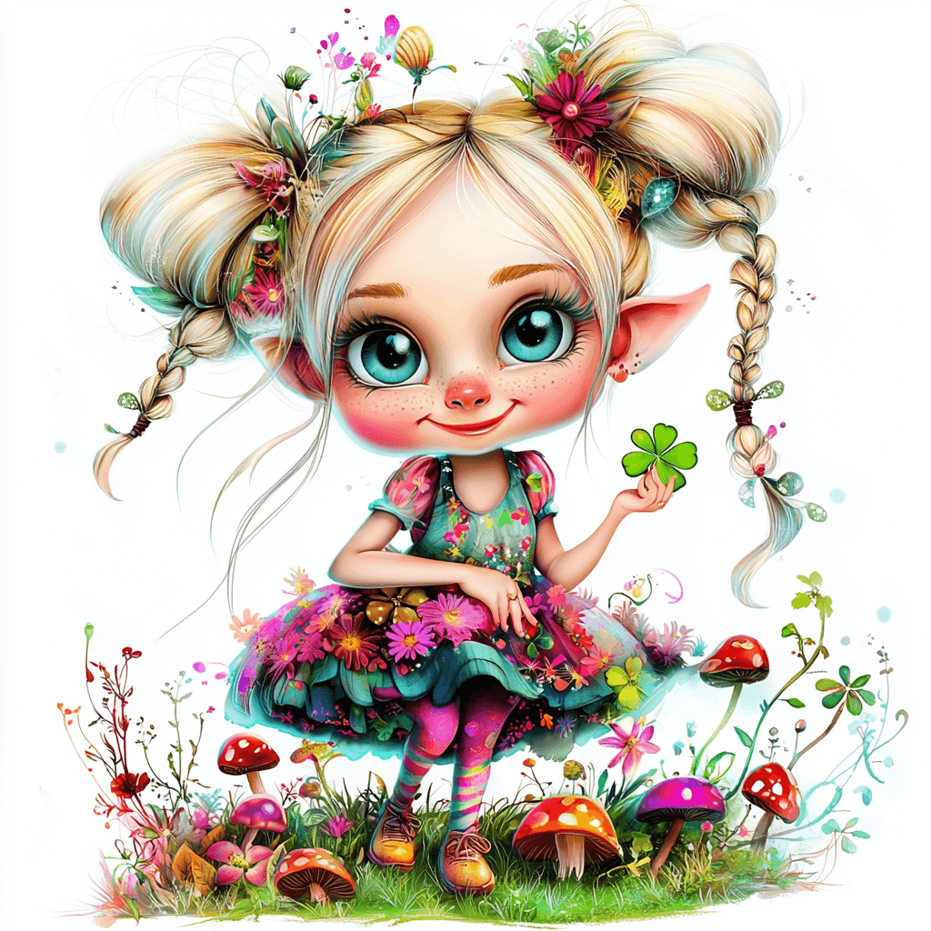 A cheerful fairy lounging on a large leaf surrounded by sparkling fairy dust and butterflies