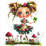 A charming fairy blowing dandelion seeds into the air with a bright blue sky behind her