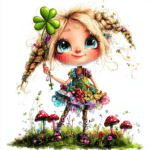 A joyful forest sprite twirling in a circle surrounded by fluttering butterflies and blooming flowers