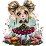 An imaginative fairy blowing dandelion seeds into the air in a lush garden
