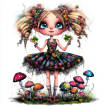 A charming fairy with flowing pink hair surrounded by delicate flowers and leafy vines