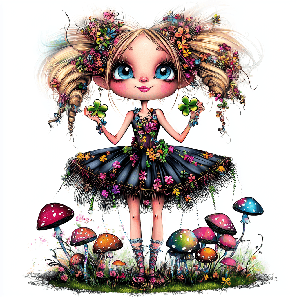 A charming fairy with flowing pink hair surrounded by delicate flowers and leafy vines