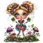 A whimsical forest sprite with vibrant green wings sitting on a colorful mushroom