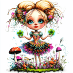 A cheerful fairy wearing a dress made of leaves and surrounded by colorful butterflies