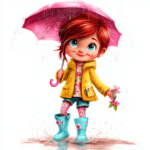 A joyful girl with an orange umbrella playing in the rain with her dog by her side