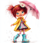 An imaginative girl with a rainbow umbrella spinning in circles while colorful birds fly above
