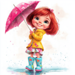 A cute girl with a green umbrella skipping along a cobblestone path lined with daisies