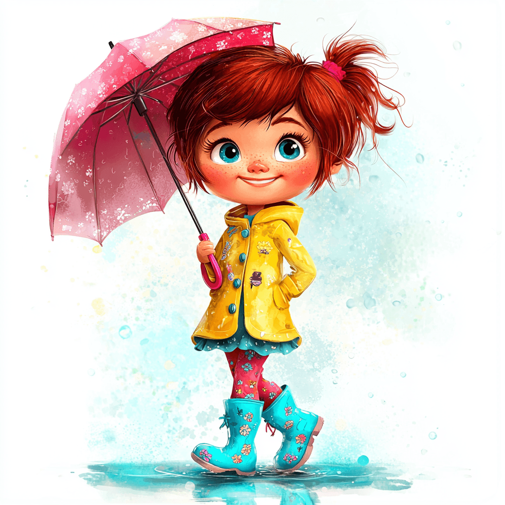 A cheerful girl with a pink umbrella splashing in puddles surrounded by blooming flowers