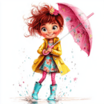 A charming girl with a purple umbrella standing on a grassy hill with butterflies fluttering around