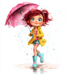 A delightful girl twirling with a red umbrella amidst falling leaves and a pastel sky