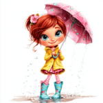 A playful girl holding a blue umbrella while wearing a polka dot raincoat with a big smile