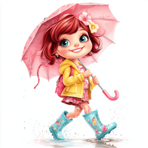 A whimsical girl with a bright yellow umbrella joyfully dancing in the rain under colorful raindrops