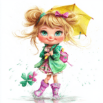 A playful blonde girl with rosy cheeks enjoying a rainy day in a cozy garden setting