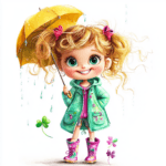 A charming illustration of a girl with an oversized umbrella surrounded by whimsical clouds and raindrops