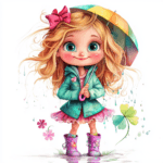 A vibrant depiction of a blonde girl with a cheerful smile holding a blue umbrella against a rainy backdrop