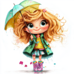 A cute blonde girl with pigtails cheerfully twirling under a colorful polka dot umbrella