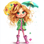 A whimsical blonde girl joyfully dancing in the rain while holding a bright yellow umbrella