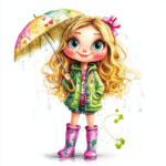 A delightful scene showing a girl in a pastel rain outfit laughing as she plays with raindrops