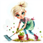 A playful girl planting seeds in rich brown soil with colorful butterflies fluttering around