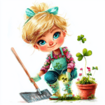 A whimsical child holding a colorful watering can as they tend to a patch of blooming flowers