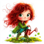 A charming fairy with flowing red hair sitting on a mushroom surrounded by twinkling stars