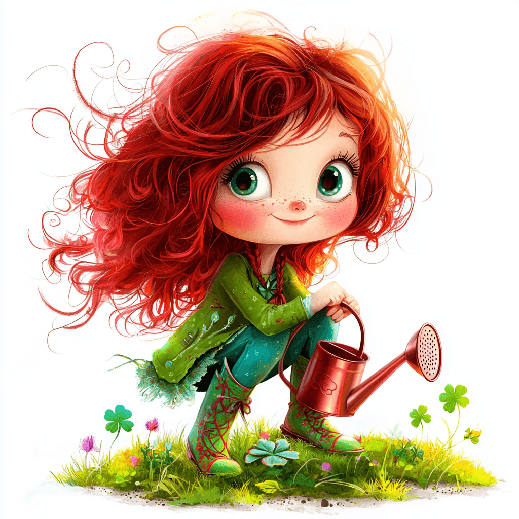 A charming fairy with flowing red hair sitting on a mushroom surrounded by twinkling stars