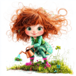 A joyful red-haired fairy surrounded by butterflies and blooming flowers in a magical garden