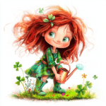 A cheerful red-haired fairy flying through a bright blue sky with fluffy clouds