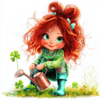 A cute fairy with red braids holding a lantern in a lush woodland setting