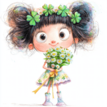 A charming figure holding a bouquet of clover blooms stands against a backdrop of cheerful sunshine